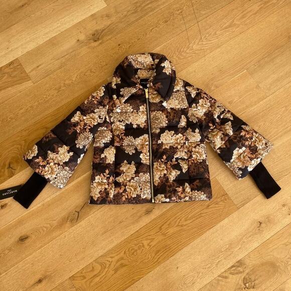 Marciano by Guess Sharon Puffer Jacket in After Dark Floral Black and Tan